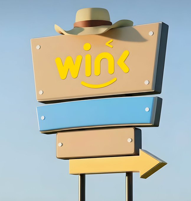 A 3D-rendered signpost featuring a cowboy hat and a smiling yellow face with the word "WINK" and a directional arrow.