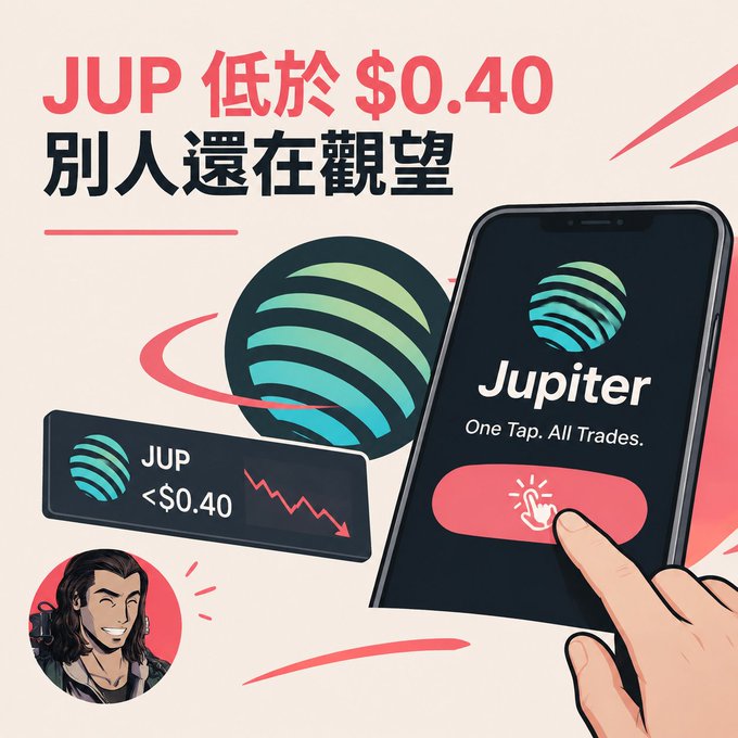 A promotional graphic in Chinese advertises the cryptocurrency 'Jupiter' (JUP) trading below $0.40, featuring the tagline 'One Tap. All Trades.'
