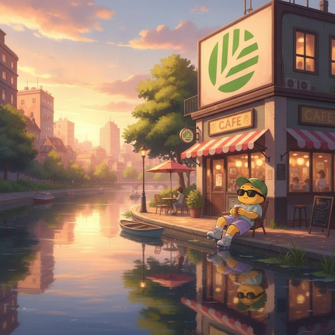 A stylized cartoon duck wearing sunglasses and a green cap lounges by a canal outside a café labeled "CAFE" at sunset, with a city skyline and bridge in the background. The relaxed scene of a figure casually enjoying coffee by the water visually contrasts the post's skeptical tone, suggesting that even impressive-sounding metrics like CNPY Network's 793k virtual chains warrant a moment of pause and reconsideration rather than automatic trust.