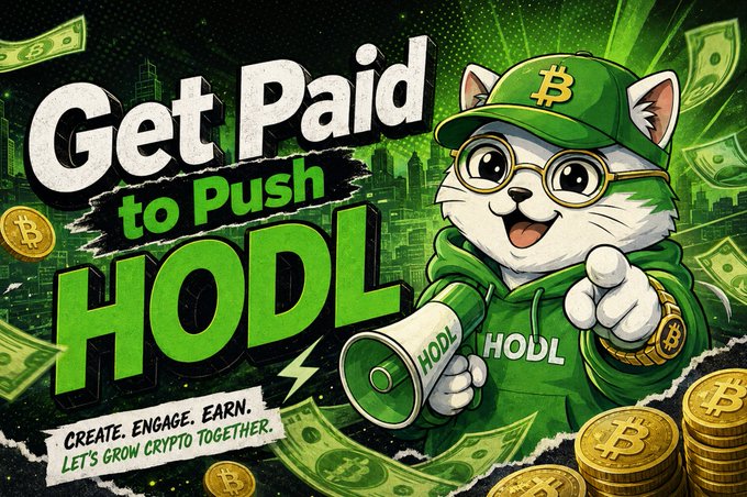 A promotional graphic featuring a cartoon cat wearing a green cap with a Bitcoin logo and glasses, holding a megaphone saying 'HODL', with text reading 'Get Paid to Push HODL' and 'CREATE. ENGAGE. EARN. LET'S GROW CRYPTO TOGETHER.'