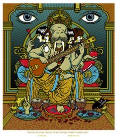A colorful, intricate psychedelic illustration of the Hindu deity Ganesha playing a guitar, seated on a throne with decorative eyes above and intricate patterns throughout.