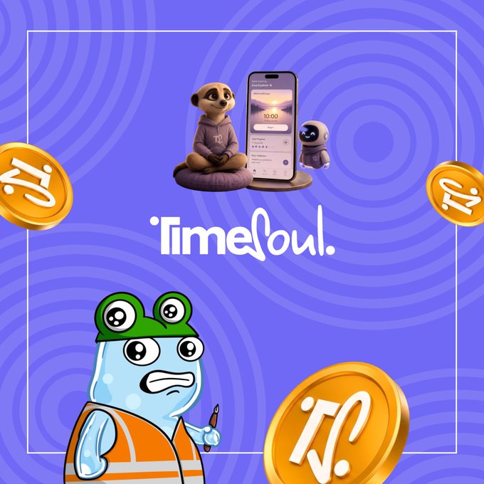 Purple promotional graphic for 'TimeSoul' featuring a meerkat character, a meditating figure with a phone showing 10:00, and floating N. coins.