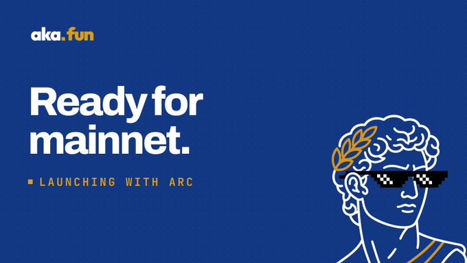 The image is a promotional graphic for aka.fun announcing "Ready for mainnet. Launching with Arc," featuring a stylized illustration of a Greek/Roman bust wearing pixelated "deal with it" sunglasses and a golden laurel wreath on a deep blue background. It visually reinforces the post's announcement that aka.fun is launching in coordination with Arc's official mainnet release.