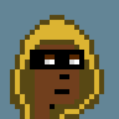 A pixel art character with golden, dreadlock-like hair wearing dark sunglasses is depicted against a blue background, fitting the reference to a new "gold hoodie" NFT from cryptofunks.xyz.