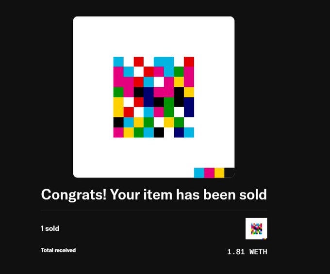 A confirmation screen for an NFT sale reading 'Congrats! Your item has been sold', showing a colorful pixelated artwork sold for a total received of 1.81 WETH.