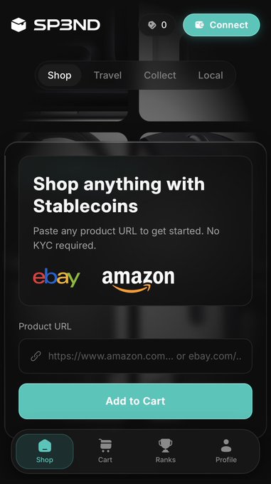 The image shows the SP3ND mobile app interface, featuring a "Shop anything with Stablecoins" feature where users can paste product URLs from sites like eBay or Amazon to make purchases with stablecoins and no KYC required. This visually supports the post's highlights by showcasing SP3ND's core shopping functionality on Solana, along with the platform's Shop, Cart, Ranks, and Profile navigation tabs.
