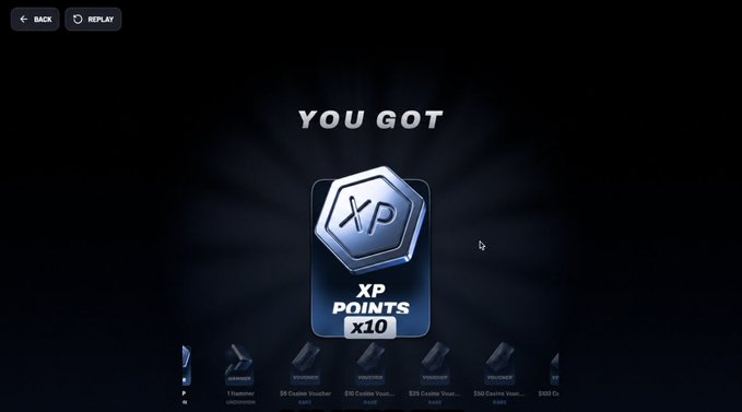 A mobile game screen displaying 'YOU GOT XP POINTS x10' with a glowing blue XP coin icon and silhouettes of other unlockable rewards below.