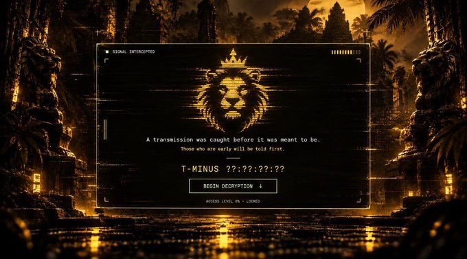 A digital countdown screen displays "SIGNAL INTERCEPTED" with a crowned lion emblem and text reading "A transmission was caught before it was meant to be. Those who are early will be told first" above a "BEGIN DECRYPTION" button, set against a golden temple backdrop. The imagery connects to the memecoin launch post by using the promised "T-MINUS" countdown teaser to entice early participants to apply via r04r.xyz for the 25% airdrop.
