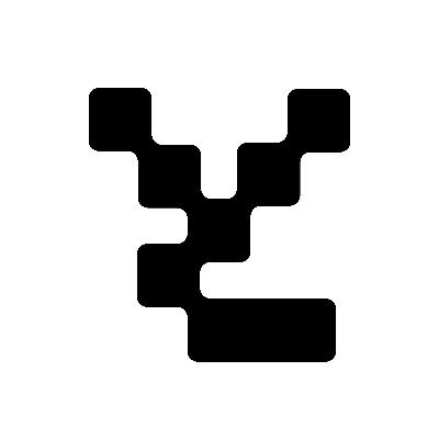 A black pixel-art style logo resembling a stylized letter 'Y' or abstract geometric design on a white background, with blocky square segments forming an angular shape.