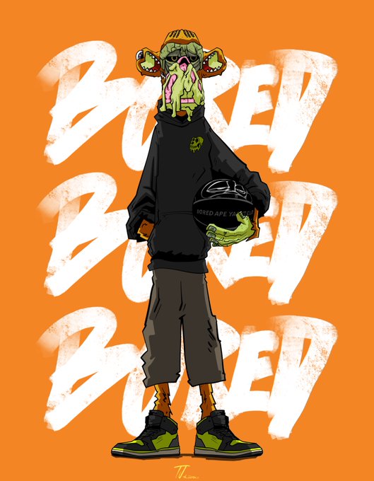 An illustration of a green zombie-style Bored Ape holding a basketball labeled "BORED APE YA..." with the word "BORED" repeated three times in white brushstroke text on an orange background, accompanying a "GM Happy Sunday" post to @BoredApeYC.