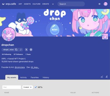 A screenshot of an XRP Cafe NFT profile page for "dropchan," showing a banner with anime-style characters and project details indicating 24 Following, 67 Followers, and 1 Team.