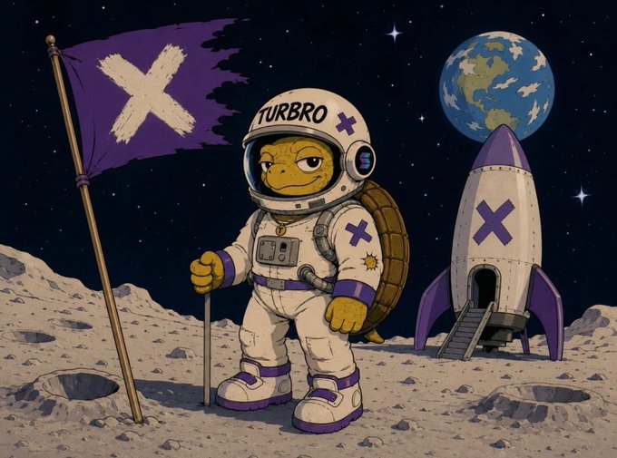 An astronaut turtle wearing a spacesuit labeled "TURBRO" plants a flag with an X symbol on the moon, with a rocket and Earth in the background, visually reinforcing the post's imagery of early adopters boarding the "TURBRO" rocket before it takes off.