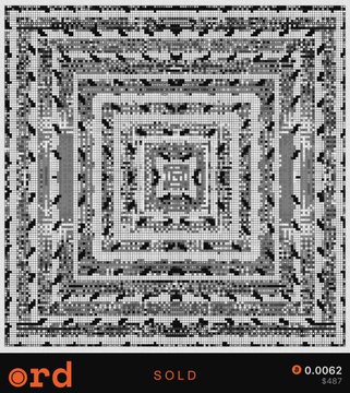 A grayscale Bitcoin Ordinal artwork with an intricate, symmetrical rectangular pattern, labeled 'SOLD' with a price of 0.0062 BTC ($487) and the Ordinals logo in the bottom left.