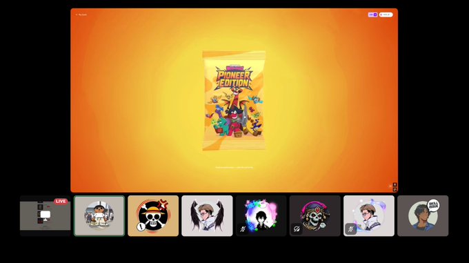 Screenshot of a live streaming interface featuring a 'Pioneer Editions' snack package on an orange background, with several cartoon avatar participants at the bottom.