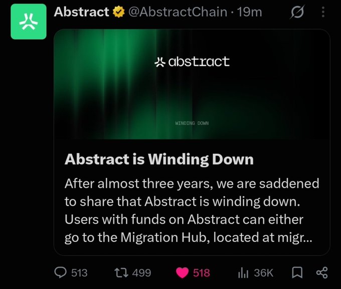 A screenshot of a tweet from Abstract (@AbstractChain) announcing that 'Abstract is Winding Down' after almost three years, featuring a green aurora-style graphic.