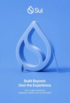 An advertisement for the Sui blockchain, featuring the company's logo and tagline 'Build Beyond. Own the Experience.' describing it as a Layer 1 blockchain for speed, scale, and ownership.