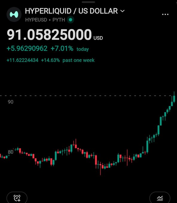 A price chart shows HYPERLIQUID/US DOLLAR (HYPEUSD) at 91.05825 USD, up 7.01% today and 14.63% over the past week, with a candlestick chart displaying a strong upward trend.