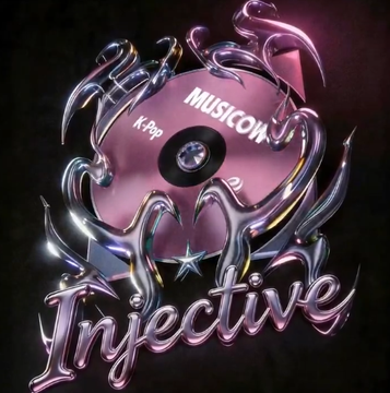A stylized 3D-rendered vinyl record labeled "MUSICON" with "K-Pop" text and a "2" marking is surrounded by chrome tentacle-like sculptures and the word "Injective" in pink script, serving as a vibrant graphic backdrop for the announcement of FANDOM launching on the Injective blockchain platform.