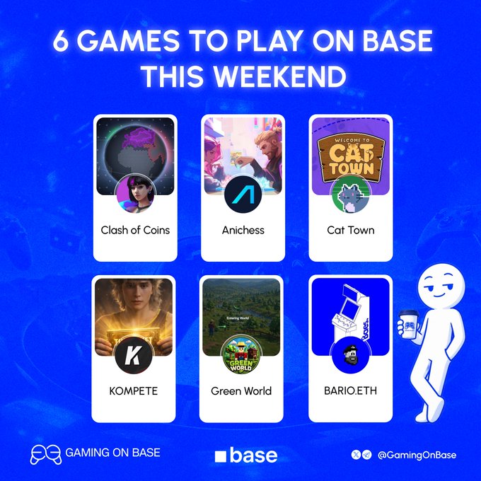A blue promotional graphic titled '6 GAMES TO PLAY ON BASE THIS WEEKEND' featuring game cards for Clash of Coins, Anichess, Cat Town, KOMPETE, Green World, and BARIO.ETH.