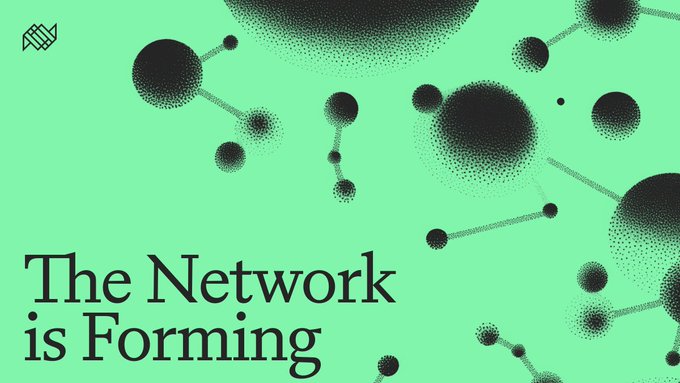 A mint-green graphic with the headline "The Network is Forming" features an abstract illustration of interconnected black halftone dots and spheres linked by thin lines, evoking a molecular or decentralized network structure, visually reinforcing the post's announcement about Encrypted Execution Environments (E3s), ciphernodes, and a 523.94 ETH auction settlement for the Interfold and RAILGUN projects.