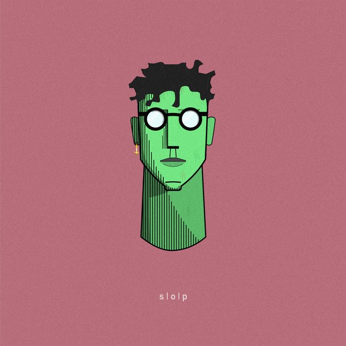 The image features a cartoon-style illustration of a person with glasses and a green headband, giving off a hipster vibe. The text "slop" is written below the illustration, which could be a reference to the artist or a specific style within the hipster subculture.