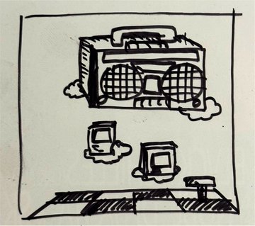 A simple black-and-white hand-drawn sketch depicting a boombox or stereo system at the top, with two small speaker-like figures below and a striped platform at the bottom, all within a square border.