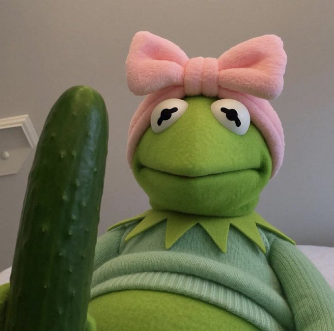 A plush toy of Kermit the Frog wearing a pink bow and pink head covering, positioned next to a dark green cucumber.