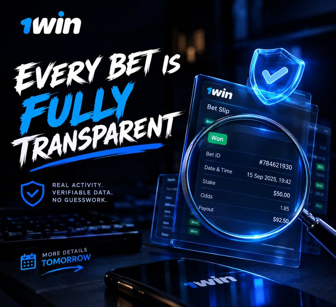 A promotional graphic for '1win' betting platform features bold blue text stating 'EVERY BET IS FULLY TRANSPARENT' alongside a magnified view of a 'Won' bet slip showing $92.50 payout.