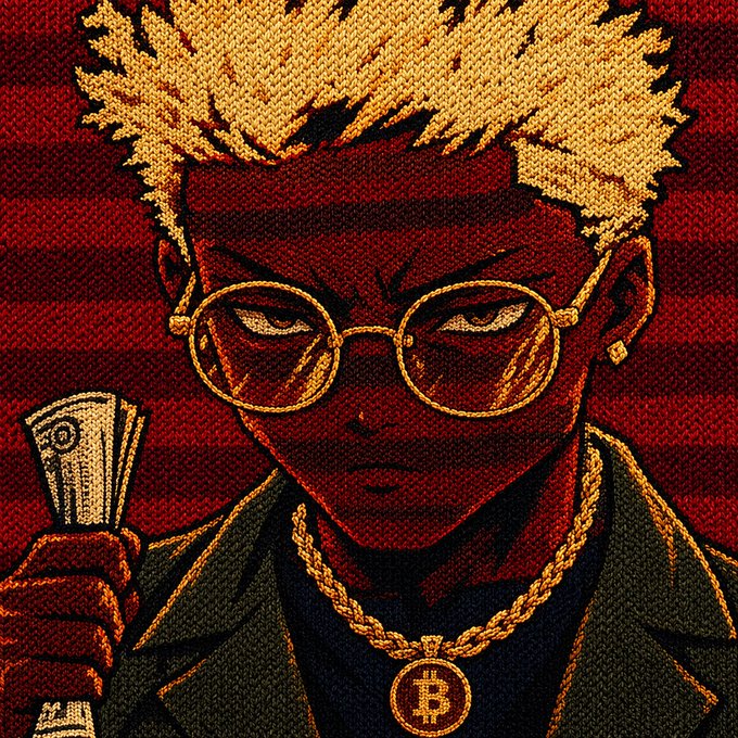 An embroidered artwork of a stern-faced person with spiky blonde hair, round glasses, a gold chain with a Bitcoin 'B' pendant, holding cash, set against a red background.