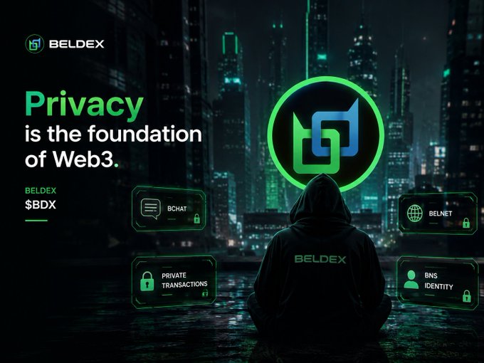 A hooded figure sits before a neon-lit futuristic cityscape promoting Beldex ($BDX) with the tagline "Privacy is the foundation of Web3," highlighting features like BChat (private messaging), BelNet (private browsing), BNS Identity, and Private Transactions. The image visually reinforces the post's message about the widespread exposure of digital privacy and Beldex's role in providing secure, decentralized alternatives for communications and transactions.