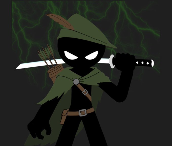 An illustration of a black silhouette character dressed as a hunter or ranger, wearing a green hat with a feather and cape, carrying a sword over his shoulder and a quiver of arrows on its back, set against a dark green lightning background.