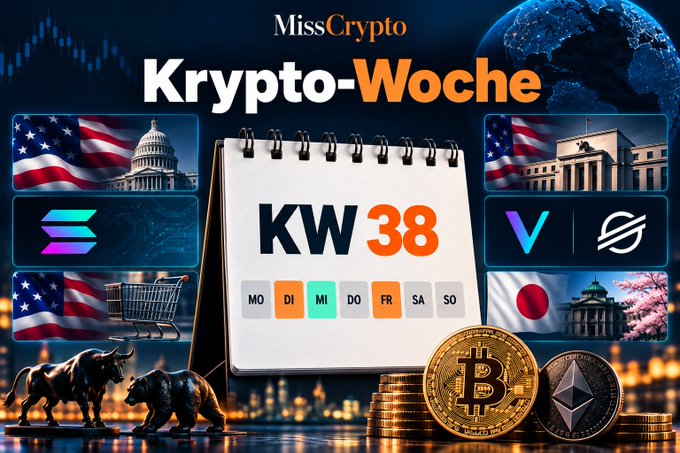 The image is a promotional graphic for "MissCrypto's Krypto-Woche KW 38" (Crypto Week 38), featuring a central spiral-bound calendar displaying the week, flanked by US flag imagery with the Capitol building and a shopping cart on the left, and US flag imagery with the Federal Reserve and Japanese flag on the right, alongside crypto coins (Bitcoin and Ethereum) and bull/bear figurines. It visually represents the post's focus on this week's pivotal US regulatory decisions regarding Bitcoin and central bank policy, particularly highlighting the CLARITY Act's Senate vote mentioned for Tuesday.