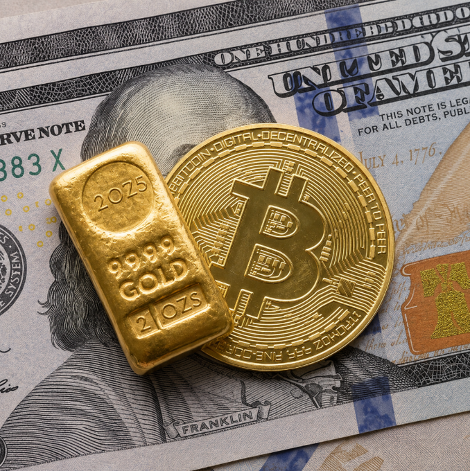 A gold Bitcoin coin and a 2025 2 oz gold bar resting on a US one hundred dollar bill, symbolizing digital and traditional stores of value.