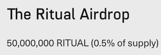 The image displays "The Ritual Airdrop" with 50,000,000 RITUAL tokens allocated (0.5% of supply). The accompanying post specifies that this airdrop is being distributed in tiered amounts to eligible recipients — including radiant ($200), ritualist ($100), ritty ($50), bitty ($20), and agent ($30) — while testnet participants and others are marked ineligible.