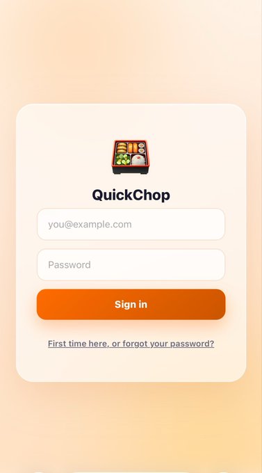 A mobile login screen for QuickChop featuring a bento box icon, with email and password input fields above an orange "Sign in" button.
