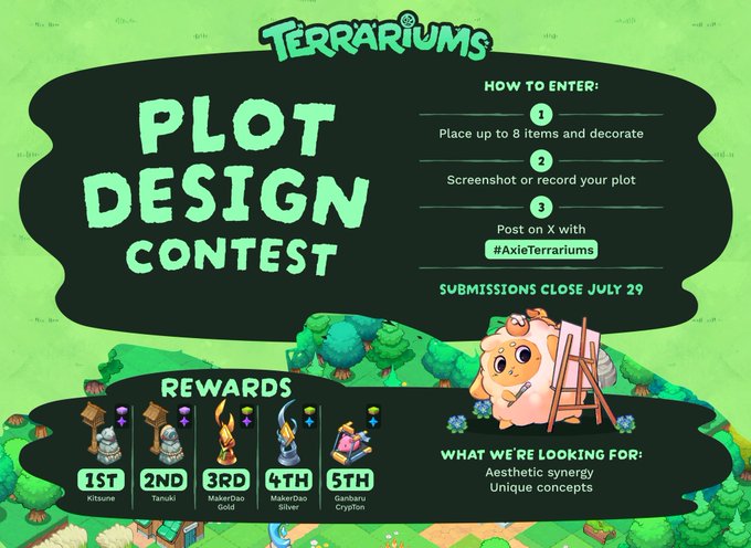 Promotional graphic for a 'Terrariums Plot Design Contest' detailing entry steps, submission deadline of July 29, and rewards including Kitsuune, Tanuki, MakerDao Gold, MakerDao Silver, and Gambaru Crypton.