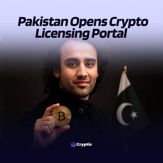 A man holds up a physical Bitcoin next to a Pakistani flag beneath the headline "Pakistan Opens Crypto Licensing Portal," visually reinforcing the post's announcement that Pakistan is now enforcing a formal licensing framework for virtual asset service providers (VASPs).