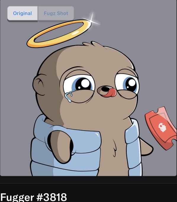 The image shows an adorable cartoon seal character wearing a golden halo, looking emotional with tears in its eyes while holding a red card, labeled "Fugger #3818" with "Original" and "Fugz Shot" tabs visible at the top. The post expresses interest in the Fugz NFT project, with the user highlighting this specific seal as their desired piece and asking the owner if they'd be willing to trade it.