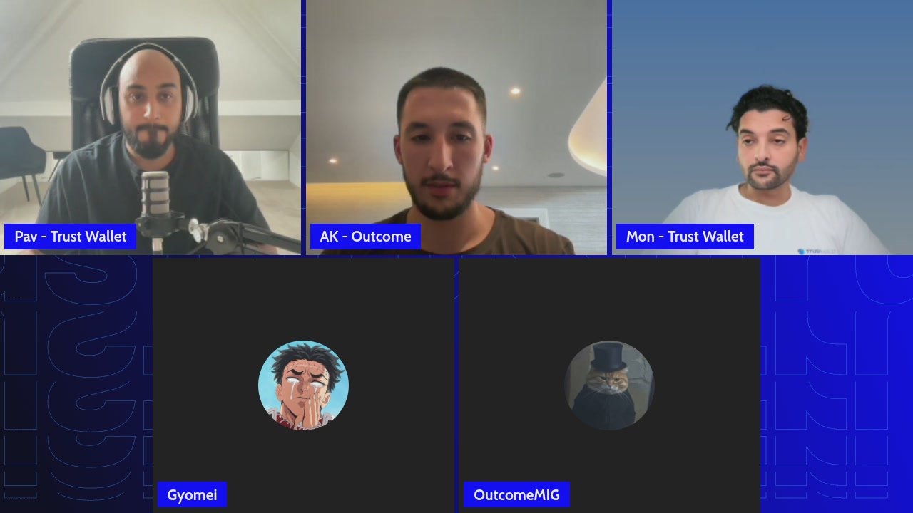 The image shows a computer screen displaying three different people's faces, each representing a member of an outcome team. They are all wearing headphones, suggesting that they might be participating in a video conference call or online meeting. The text "Outcome team is now live with @TrustWallet" indicates that the outcome team has just started their session and is ready to begin discussing their project.

The post also mentions that the Outcome team is now live with @Trust Wallet, which implies that they are collaborating on a project related to cryptocurrency or digital assets. The image captures the essence of modern communication technology as people from different locations come together in real-time for discussions and decision-making processes.