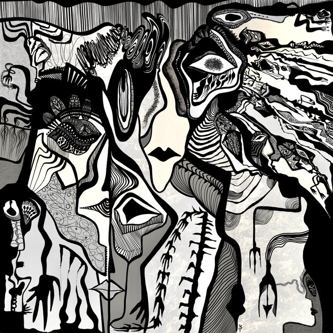 A detailed black and white surrealist illustration featuring distorted faces, multiple eyes, and intricate abstract patterns and figures.