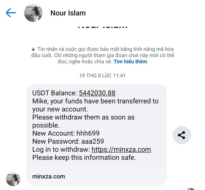A Messenger chat screenshot from 'Nour Islam' displaying a fraudulent message claiming a USDT Balance of 5442030.88 and directing the user to withdraw funds via a suspicious link at minxza.com with new account credentials.