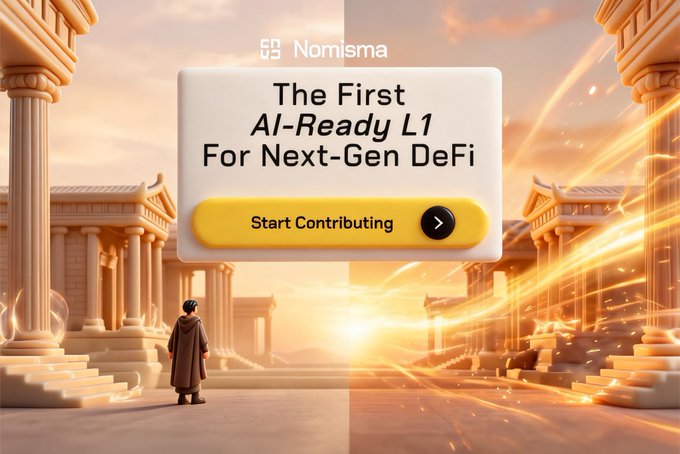 A promotional banner for Nomisma, described as 'The First AI-Ready L1 For Next-Gen DeFi,' featuring a 'Start Contributing' button over a backdrop of classical columns and a sunset.