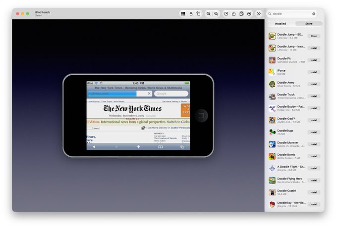 An iPod touch is shown running an early iOS Safari browser displaying The New York Times website, with the iTunes sidebar on the right showing installed apps including Doodle Jump, Doodle Fit, and Doodle Army.