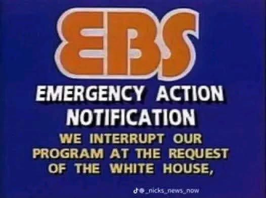 An EBS Emergency Action Notification screen displays the message "WE INTERRUPT OUR PROGRAM AT THE REQUEST OF THE WHITE HOUSE," from an account (@_nicks_news_now) sharing a post promoting NESARA/GESARA conspiracy theories about debt forgiveness, a new financial system, and mass arrests. The image appears to be used by the poster to suggest an imminent official announcement related to these claims about ending the "fiat money system."