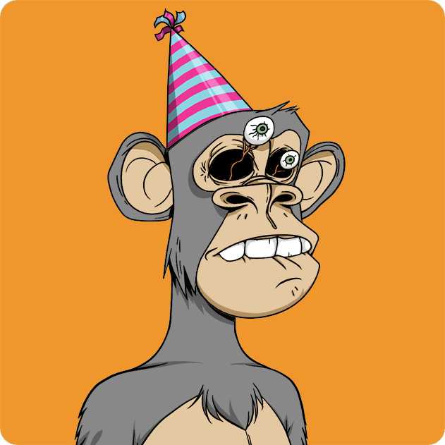 A cartoon gorilla wearing a striped party hat, with mismatched eyes and a slightly weary expression against an orange background.