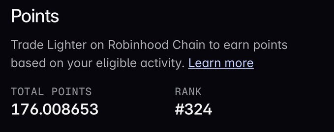 A dark-themed Robinhood points dashboard showing 'Trade Lighter on Robinhood Chain to earn points based on your eligible activity. Learn more' with TOTAL POINTS of 176.008653 and RANK of #324.