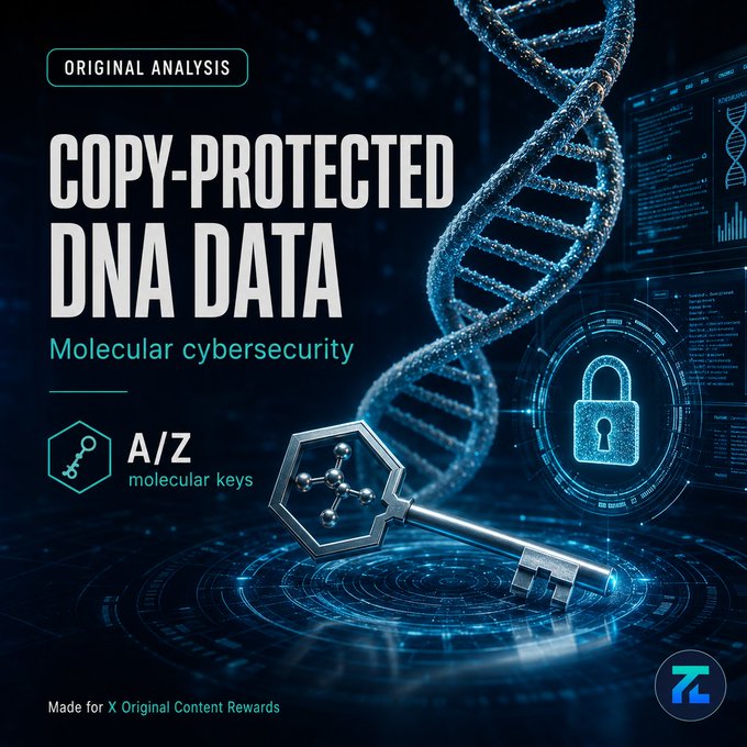 A futuristic graphic titled "COPY-PROTECTED DNA DATA" with the subtitle "Molecular cybersecurity" and "A/Z molecular keys," featuring a DNA helix and a metallic key.