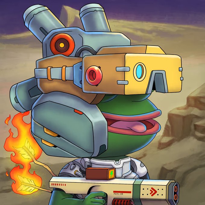 A Pepe the Frog character is depicted wearing a "Titanex armor" power boost helmet with large futuristic goggles and a blue chest plate, while firing flaming arrows from a "PEPE E-G3" gun in a desert landscape. The image directly matches the post's description of a Pepe Explorer collectible equipped with the three specified accessories.