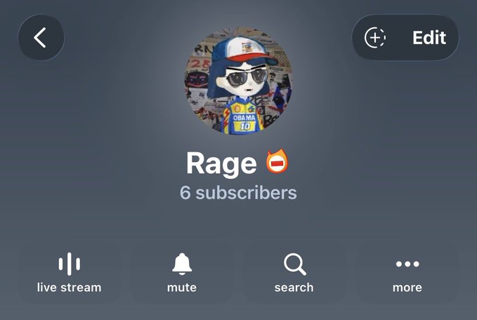 The image shows a Telegram channel profile page for "Rage" with 6 subscribers, featuring a cartoon avatar wearing sunglasses and an "Obama 10" jersey. The post promotes joining the Rage100x Telegram channel for "ECA" trading calls and alpha, with the channel's t.me/rage100x link displayed.