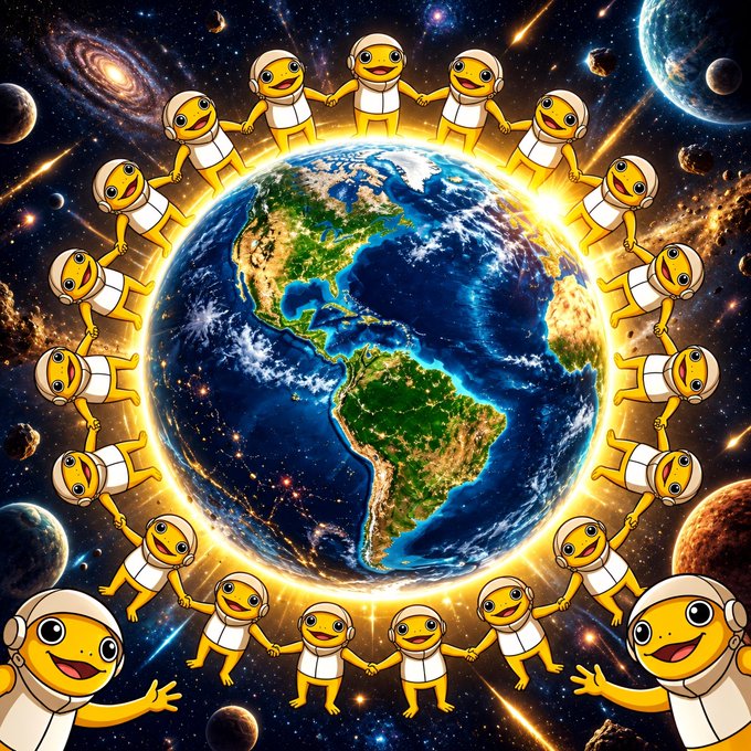 A ring of cheerful cartoon toads in space helmets holds hands around Earth, set against a vibrant cosmic backdrop of planets, galaxies, and shooting stars—visually reinforcing the "$TURBO" community's pride in uniting to "hold down the planet" as a global crypto tribe.